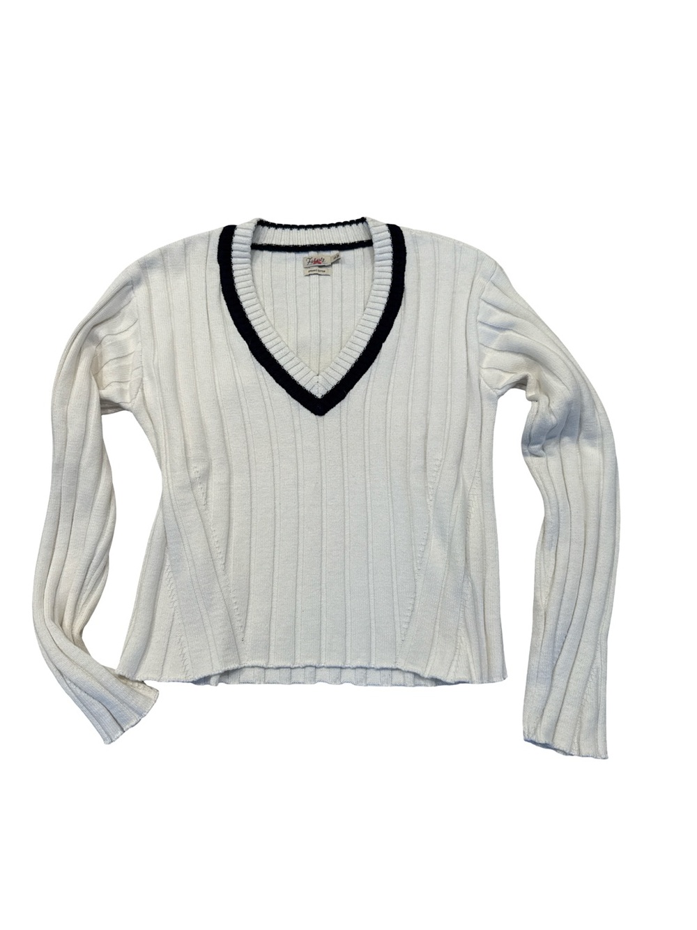 Faherty White Ribbed V-Neck Sweater with Black Trim